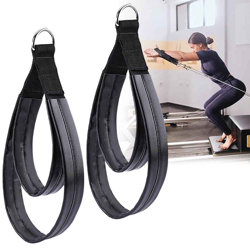 CALFOVERA 2Pcs Pilates Straps for Reformer Equipment PU Leather Double Loop D-Ring Exercise Straps Black Comfortable Nylon Yoga Handles for Home Gym Workout Padded Reformer