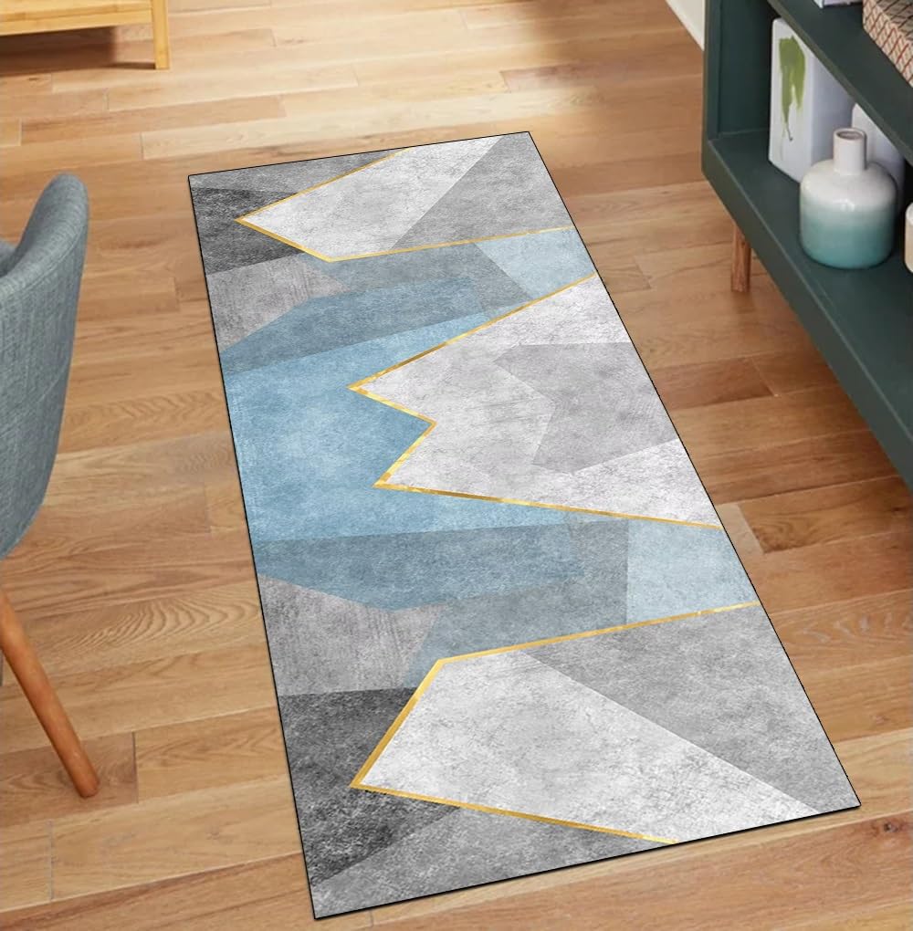 Alfombra de pasillo gris y azul de 110x180 cm lavable con base antideslizante