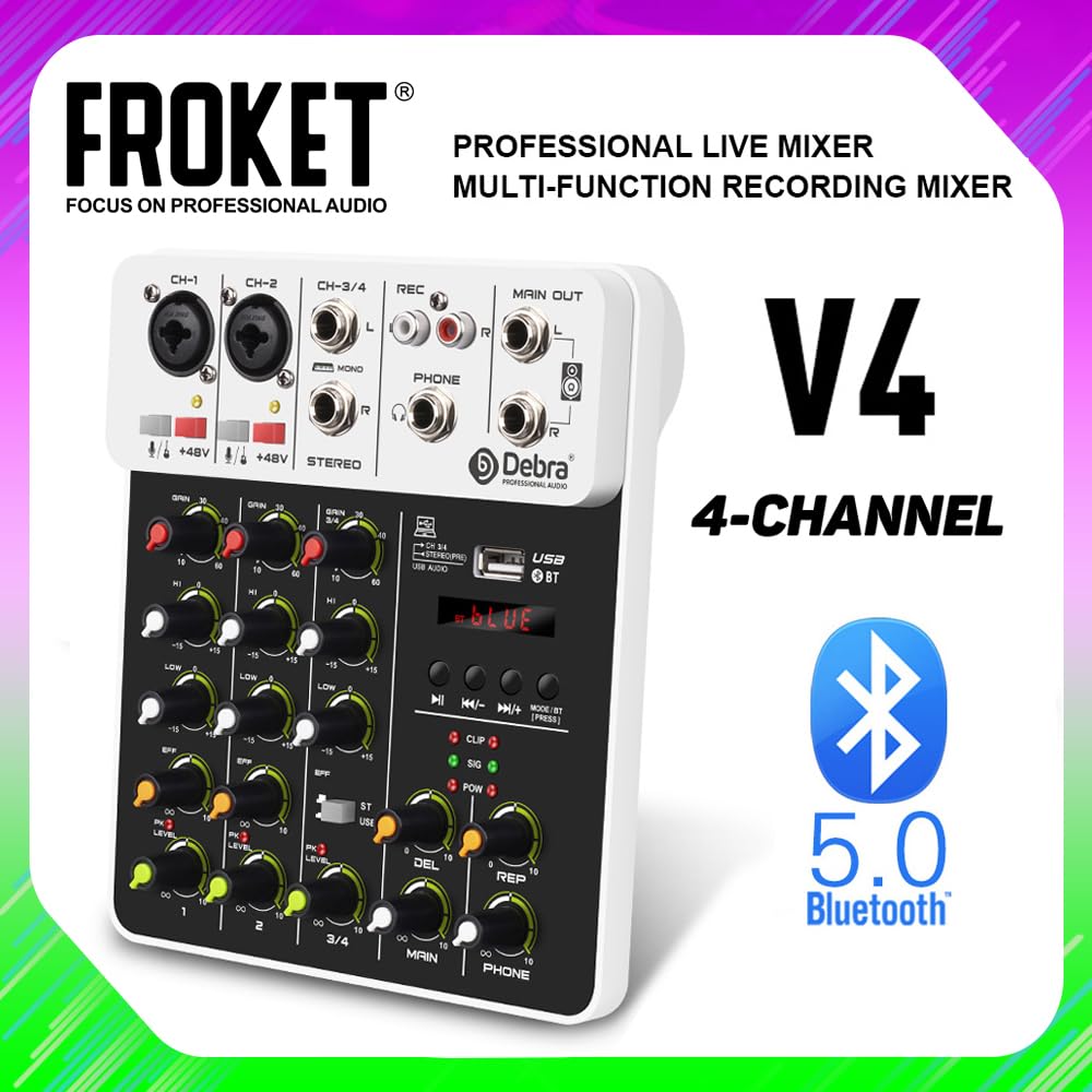 Mikser DJ-ski, V4 Mikser DJ Kontroler, 5.0 Bluetooth 48V Phantom Power, Niski Poziom Szumów Do Konsoli Mikserskiej Nagrywanie PC(V4-black)