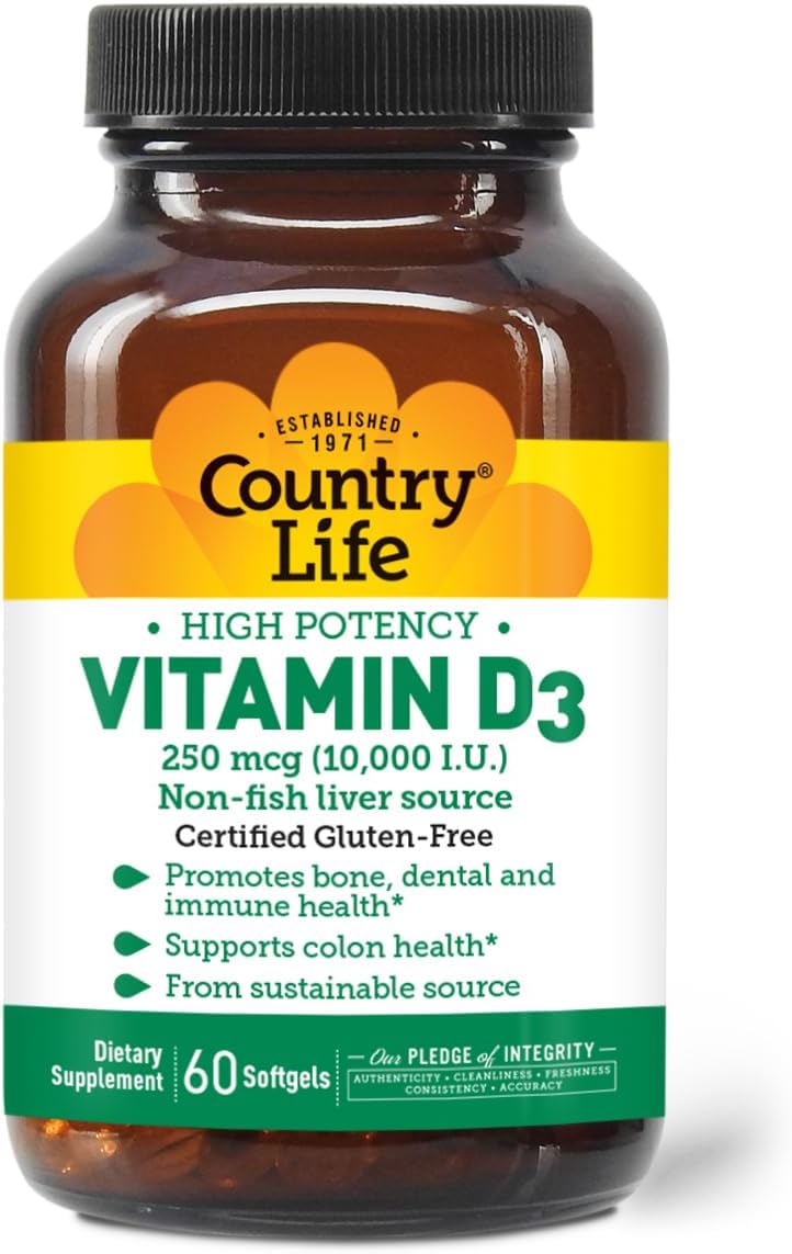 Vitamin D3 10,000 IU – High Potency, Non-Fish Source | Bone, Immune & Colon Health Support | 60 Softgels | Certified Gluten-Free, Clean Formula with MCT Oil for Better Absorption