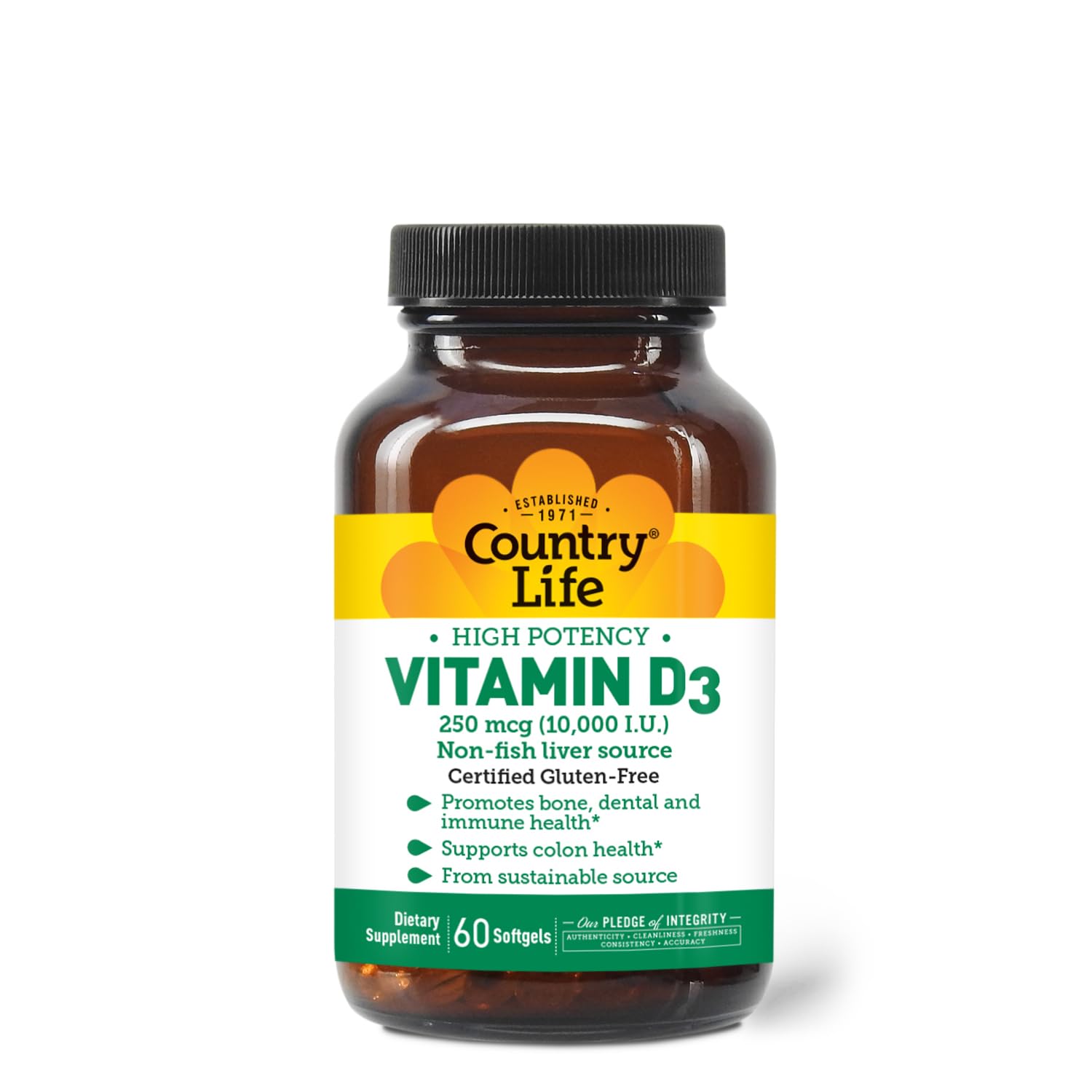 Country LifeVitamin D3 10,000 IU – High Potency, Non-Fish Source | Bone, Immune & Colon Health Support | 60 Softgels | Certified Gluten-Free, Clean Formula with MCT Oil for Better Absorption