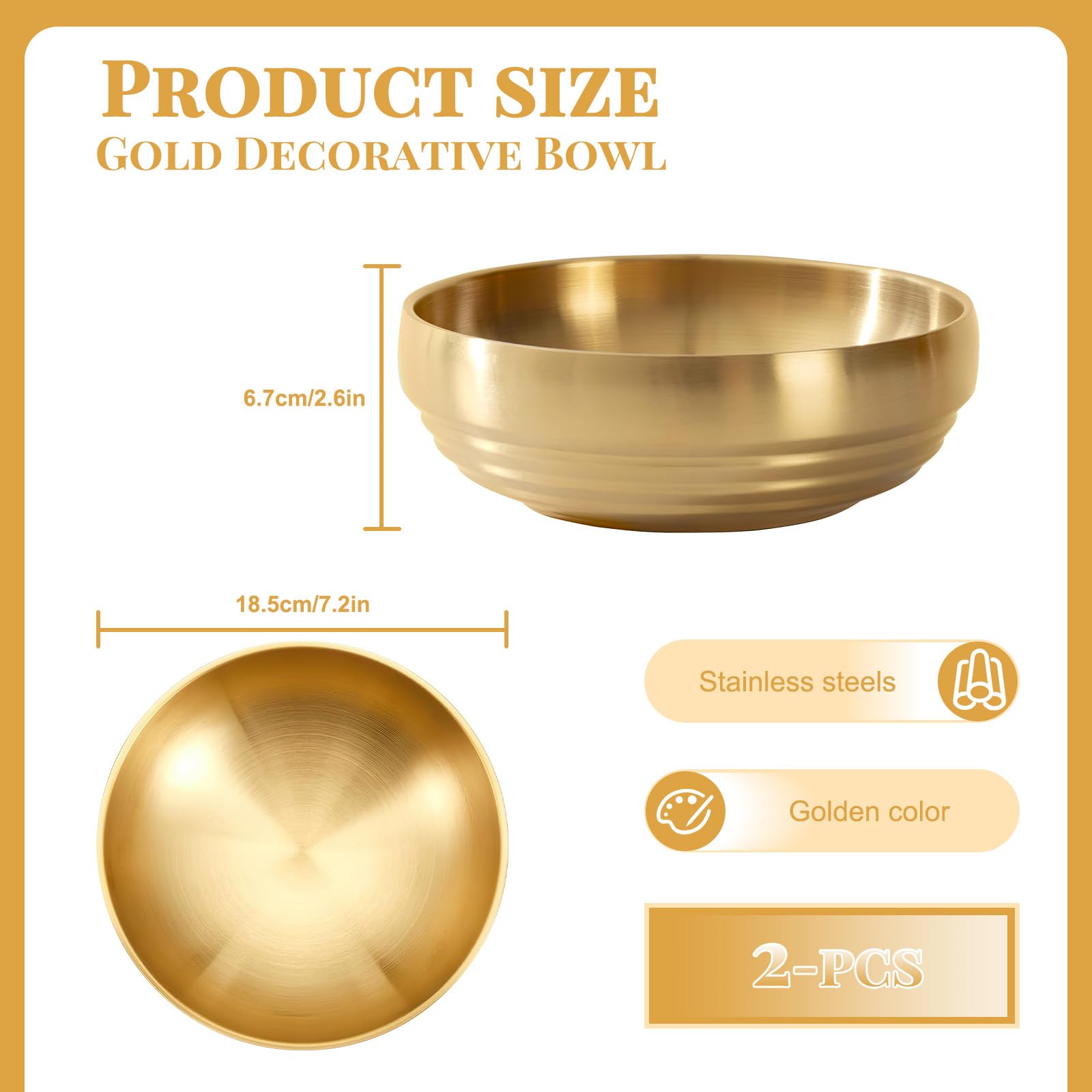 Paquete de 2 cuencos decorativos de acero inoxidable dorado, 7.2 pulgadas de metal para mesa de entrada, decoración del hogar, plato moderno para llaves para mesa de café, encimera de cocina, mesa