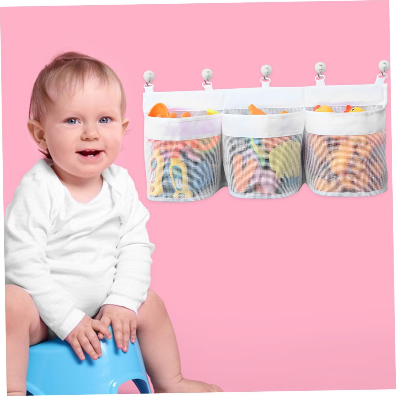 HANABASS 4 Pièces Organisateur de Jouets de Bain Suspendu Filet Respirant de Rangement Multi Compartiments pour Garçon Fille Capacité pour Salle de Bain et Placard