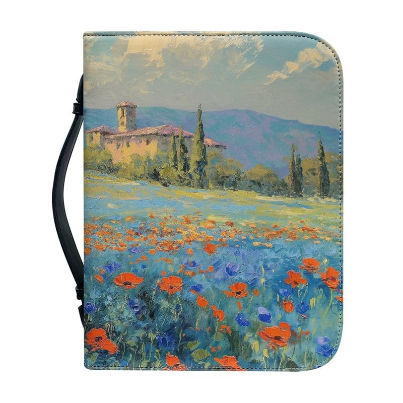 Kuiaobaty Painting House Flowers Bible Cover for Women Faux Leather Book Carrying Cases, Oil Paint Cottage Garden Book Bag with Handle — image 1