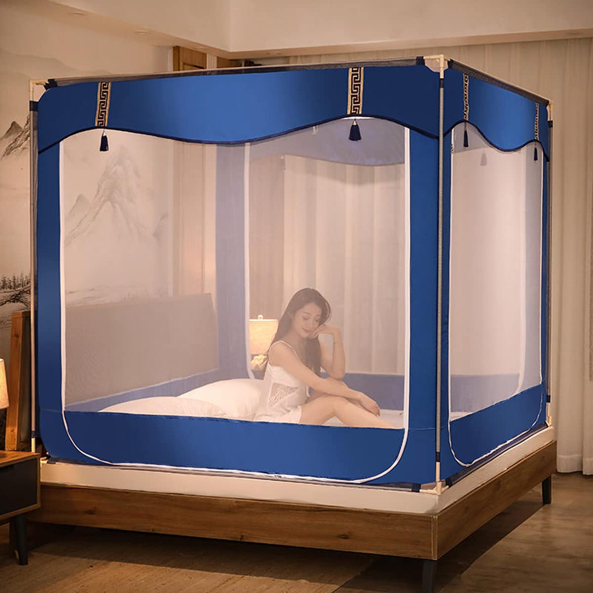 Moustiquaire de lit 180x200 en polyester bleu facile à installer avec portes
