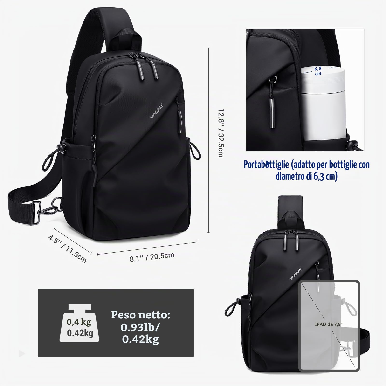 VNINE Borsello Uomo Tracolla, Leggero Tracolla, con Una Cinghia, per Escursionismo, Passeggiate, Ciclismo, Viaggi, Ciclismo, con Porta Cuffie