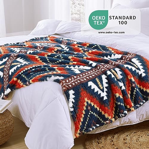 CASAAGUSTO Boho Sherpa Throw Blanket, Aztec Throw, Ultra Soft, Warm, Cozy, Plush, Thick Fleece Bohemian Throw Blanket for Couch, Bed, Sofa (Navy Blue 50 * 60 Inch)