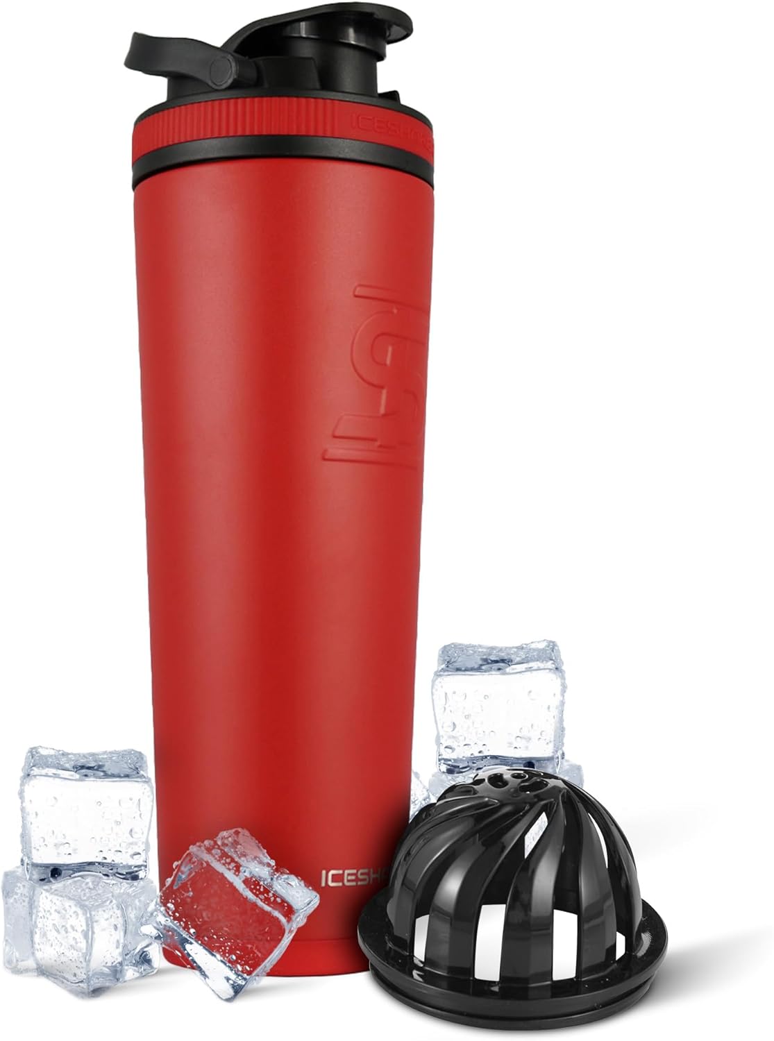 Ice Shaker Insulated Stainless Steel Shaker Bottle | 32oz, Red | Cold for 30+ Hours | Insulated Cup with Twist-on Agitator | Odor-Free Bottle for Protein Shakes, Water, Smoothies, Cocktails