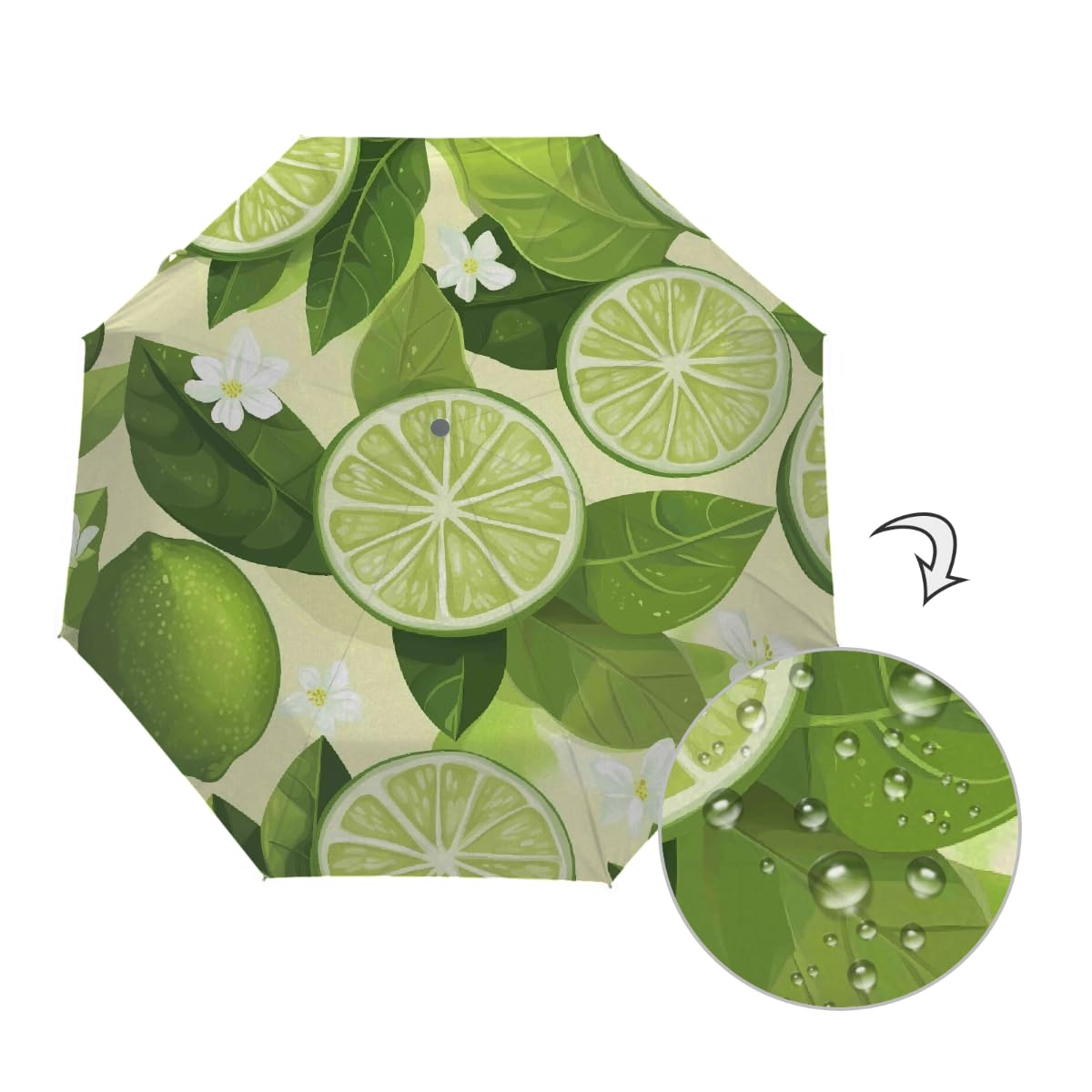 Ombrello da viaggio pieghevole con foglie di limone verde ombrello da viaggio compatto antivento impermeabile con protezione UV rivestimento nero leggero 8 coste portatile per pioggia sole
