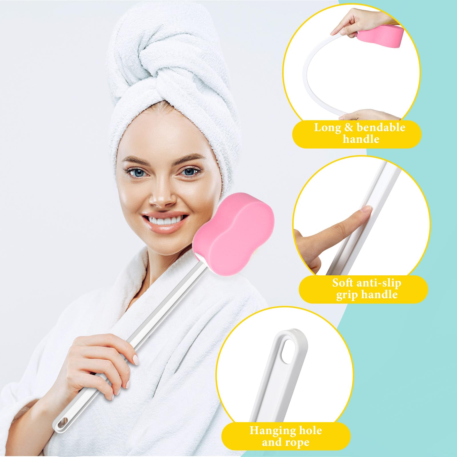 3 esponjas de mango largo de 22.4 pulgadas, esponja trasera en un cepillo corporal con mango para pies y cuerpo, movimiento limitado (rosa)