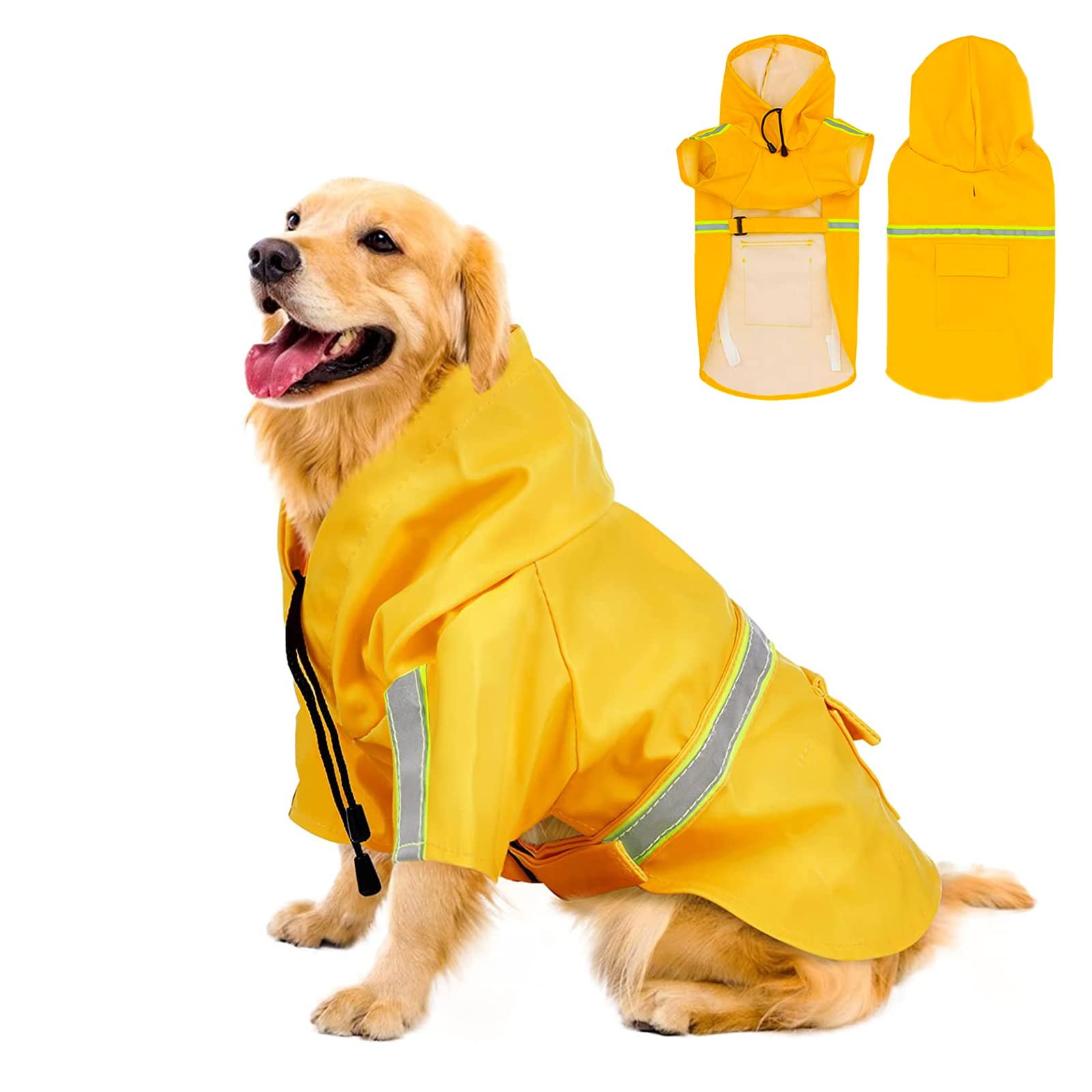 Havenfly Impermeable para Perros con Capucha con Rayas Reflectantes，Ajustable，Resistente al Agua, Peso Ligero. (M) - M