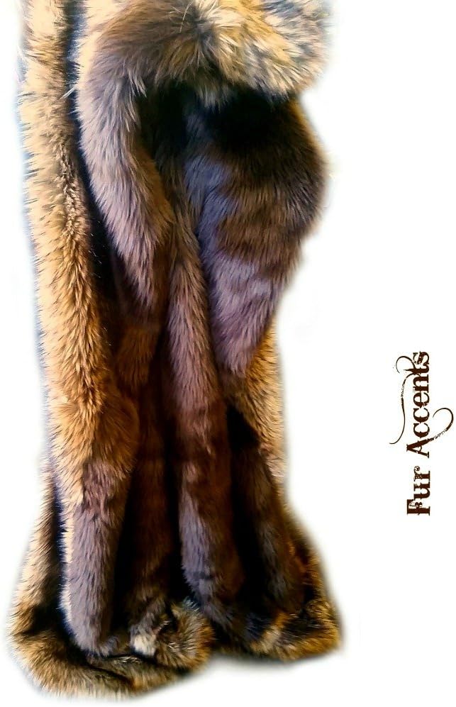 Luxury Fur Throw Blanket - Brown Beaver with Coyote Border - Premium Animal Friendly Faux Fur - Fur Accents - USA (5'x7')