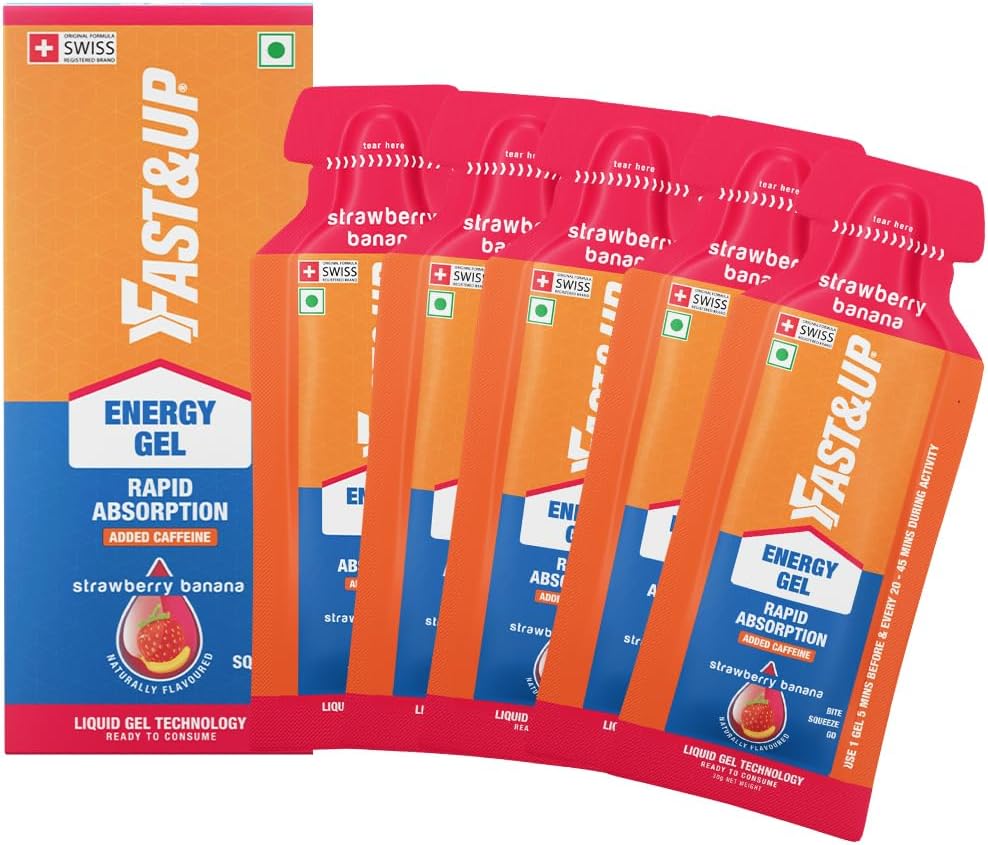 Fast&Up Energy Gel - Instant Energy - Workout Performance - Carbohydrate + Caffeine Gels - Vegan - Pack of 5 Gels - Strawberry Banana Flavour