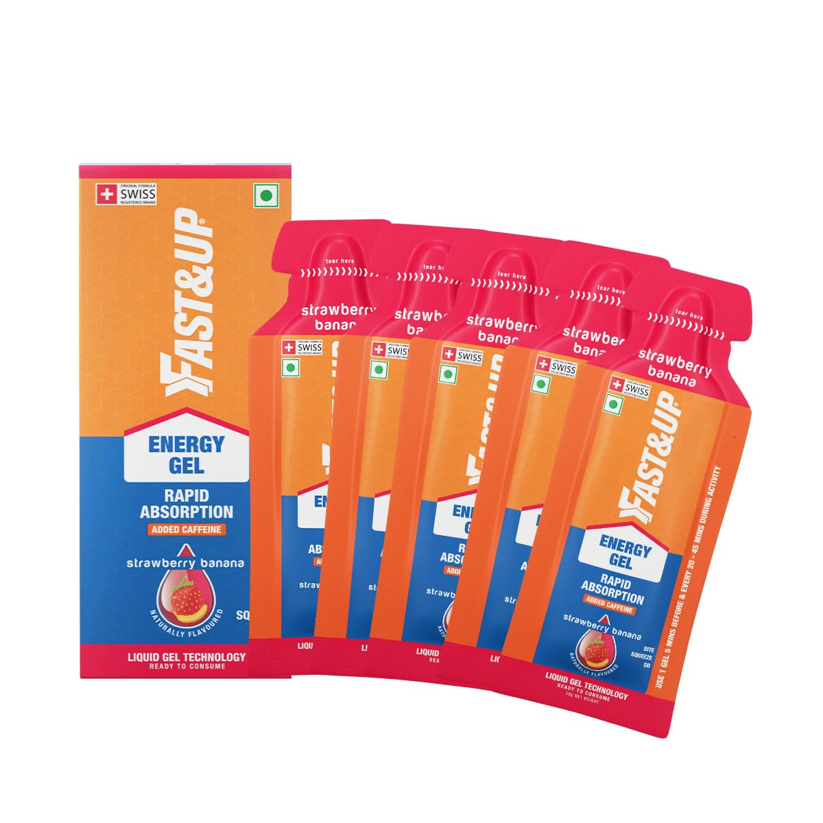 Fast&Up Energy Gel - Instant Energy - Workout Performance - Carbohydrate + Caffeine Gels - Vegan - Pack of 5 Gels - Strawberry Banana Flavour