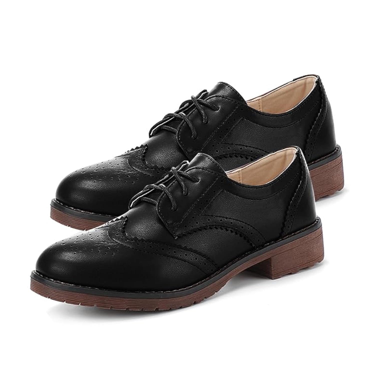 Fashion Women Oxford Shoes Block Heel Lace Up Derby Casual Brogue Shoes Brown Sneaker