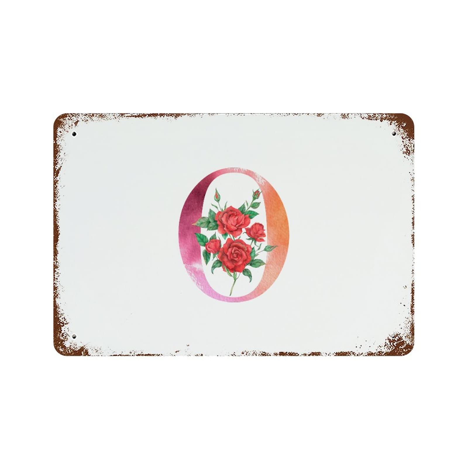 Panneau en étain O monogramme rouge floral vintage pour décoration de maison 30x45 cm
