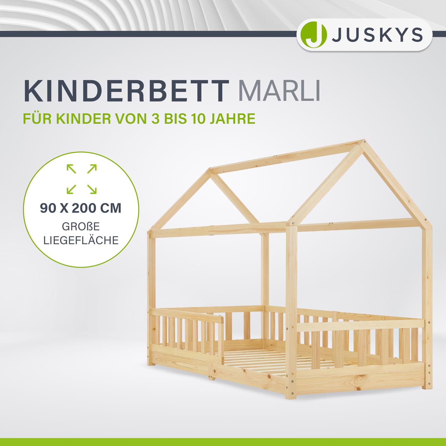 Juskys® Kinderbett Marli 90 x 200 cm mit Rausfallschutz, Lattenrost und Dach - Massivholz Hausbett für Kinder - Bett in Natur