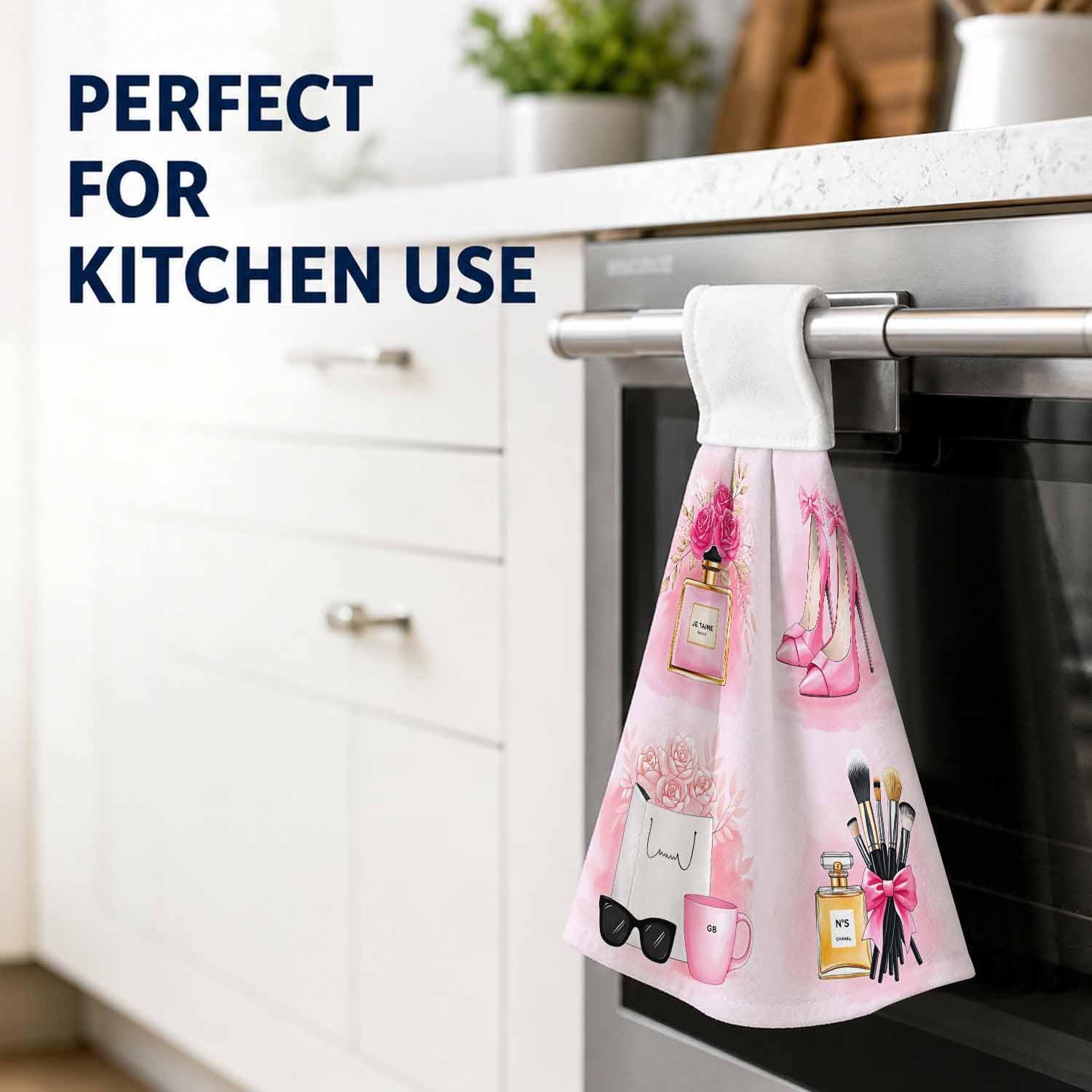Hanging Dish Towels 2 Pack, Pink Watercolor Farmhouse Kitchen Towels, Decorative Quick Dry Microfiber Tea Towels with Ring, Absorbent & Soft Hand Towel for Bathroom, Rustic Wall Art Gift image 5