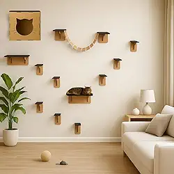 BOXFAN Playground para Gatos 12 Peças Parquinho para Gato Ponte Nichos e Prateleiras Escada Toca Casinha Diversão Felina Antiestresse Mdf Circuito Suspenso de Parede
