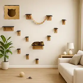 BOXFAN Playground para Gatos 12 Peças Parquinho para Gato Ponte Nichos e Prateleiras Escada Toca Casinha Diversão Felina Antiestresse Mdf Circuito Suspenso de Parede