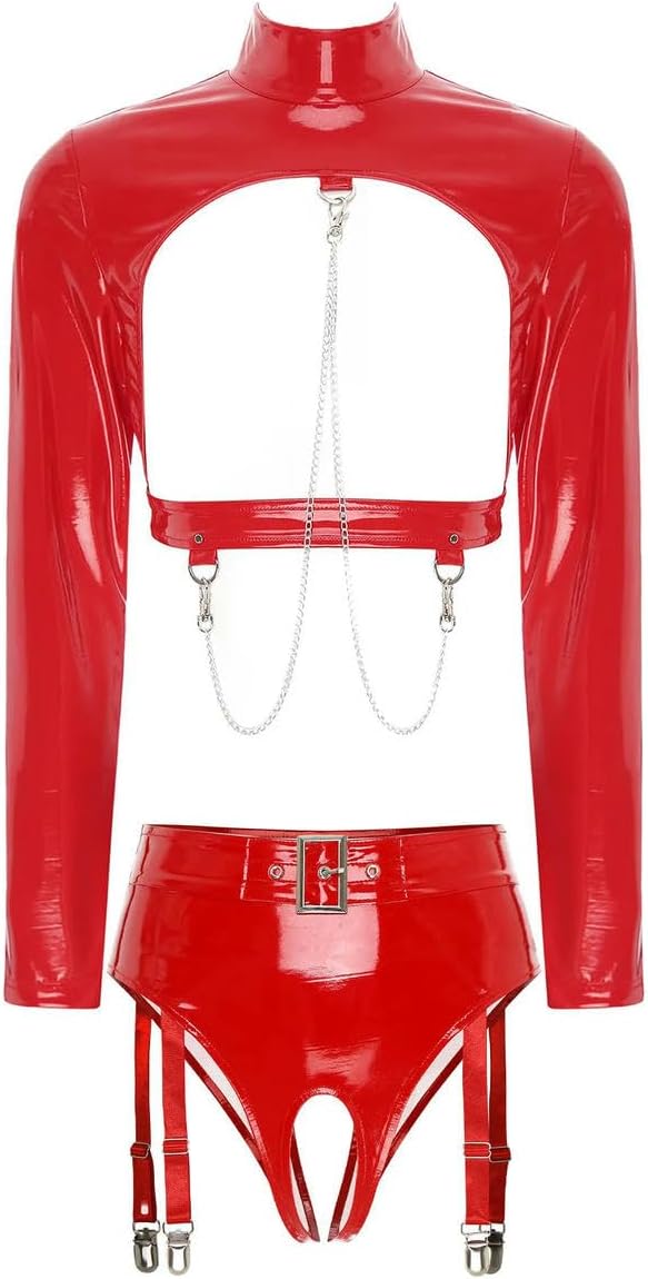 Womens Patent Leather Lingerie Long Sleeve Cutout Open Cup Bra Crop Top Open Crotch Garter Clips Panties Red