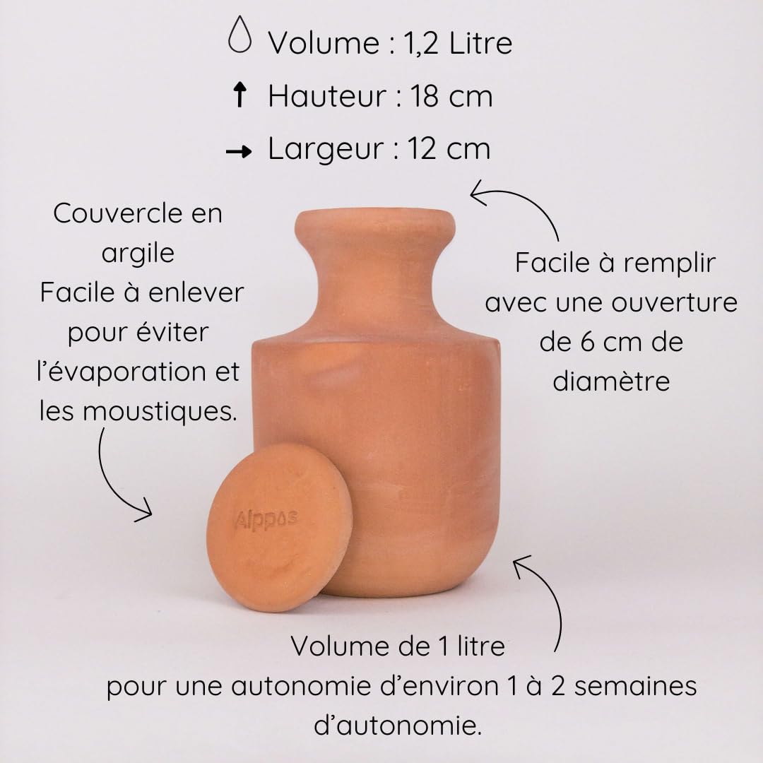 2 Oyas à enterrer 1,2 Litre en Terre Cuite avec Couvercle - ollas pour Plante intérieure et extérieure - Goutte à Goutte par capilarité