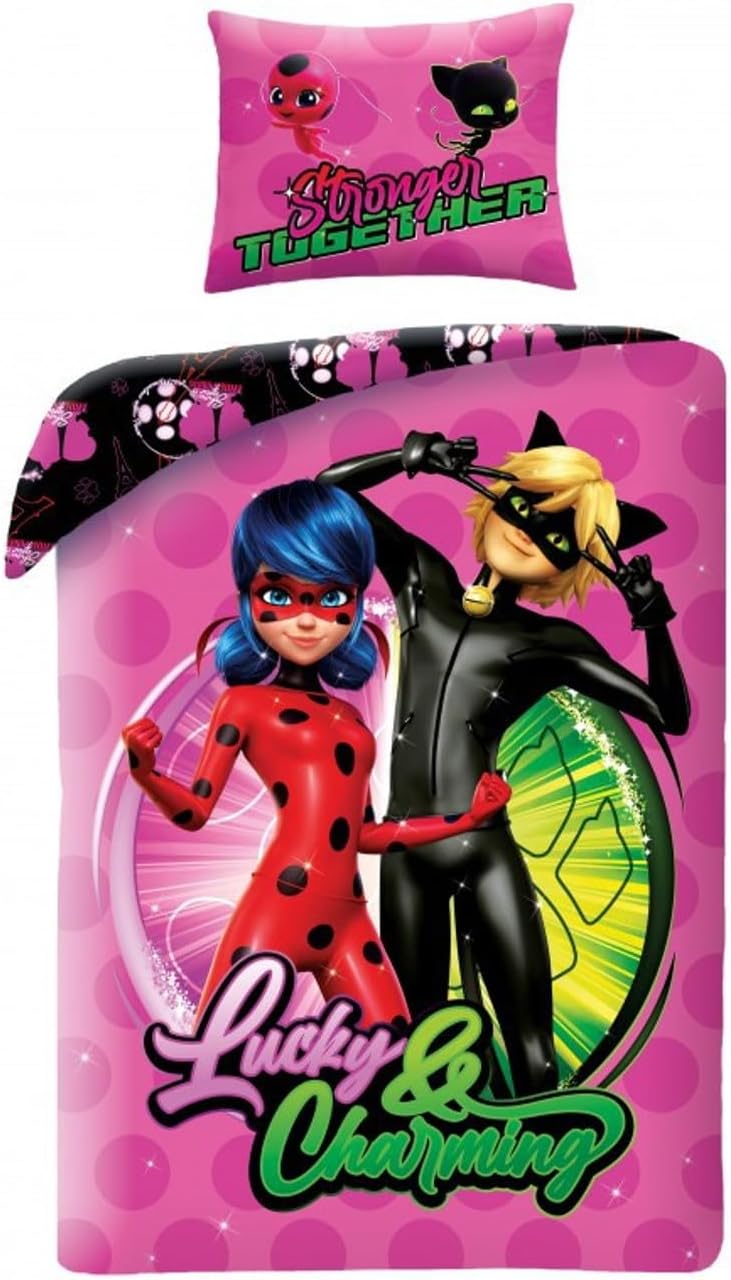 Halantex Miraculous Ladybug Marinette Cat Chat Noir Bed Linen Set – Duvet Cover 140 x 200 cm and 1 Pillowcase 70 x 90 cm – 100% Cotton – Multicoloured