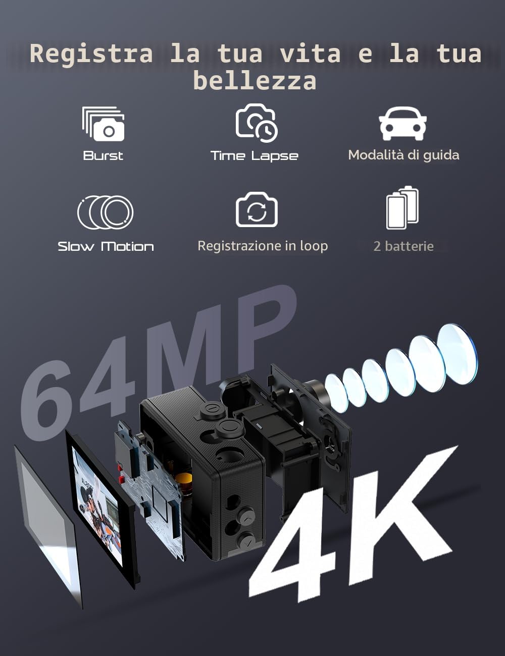Apexcam 4K 60FPS EIS Action Cam 64MP Con Scheda di Memoria 64GB WiFi Sports Camera Ultra HD Telecamera subacquea 40M 2.4G Telecomando Time Lapse 2x1350mAh Batterie