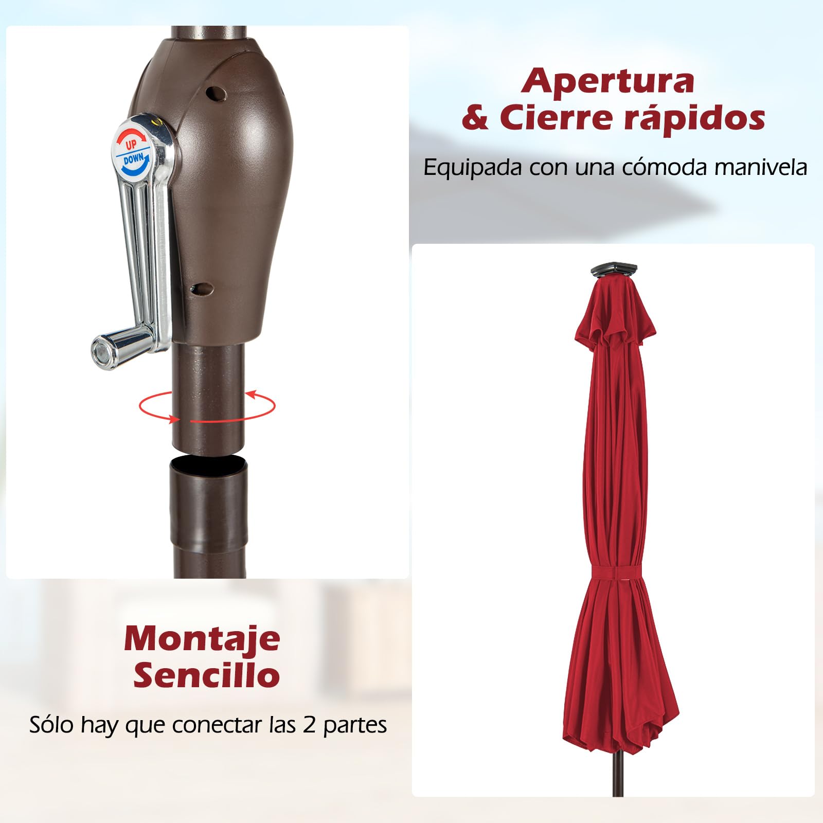 Sombrilla De Terraza 300 Cm Con Luces LED Solar - Parasol Plegable Con Manivela, 8 Varillas - Color Vino Tinto