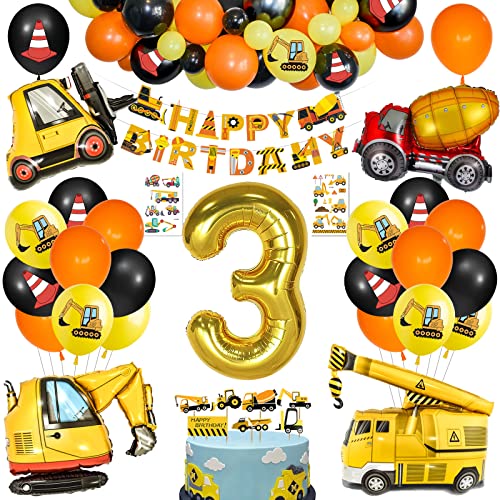 3rd Birthday Decorations for Boy, Construction Birthday Party Supplies Truck Digger Birthday Balloons, Digger Happy Birthday Banner, Excavator Truck Bulldozer for 3rd Birthday Decorations Boy