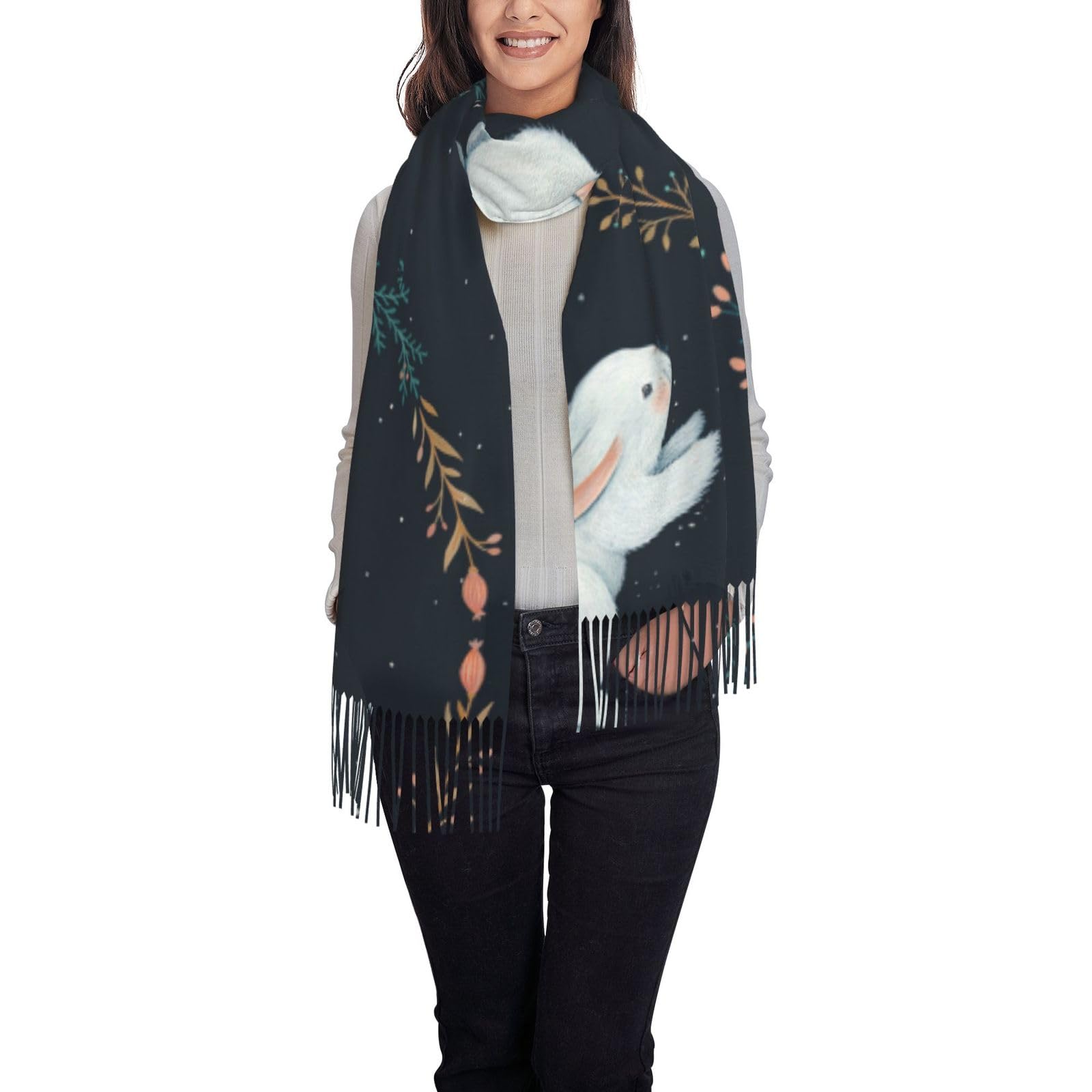 Jmorco Unisex Cute White Rabbit Scarves For Women Lightweight Shawl Winter Warm Thick Print Scarf Wrap
