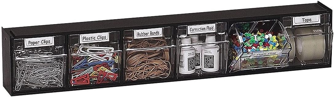 Deflecto 20604OPU Six-bin horizontal tilt bin storage system, 23-5/8w x 3-5/8d x 4-1/2h, black