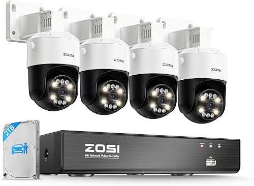 ZOSI 4K 8CH PoE Security Camera System, 4Pack PoE IP Cameras Outdoor with Person/Vehicle Detection, Color Night Vision, Auto Tracking, 2-Way Talk, Spotlight Alarm, 8CH NVR 2TB HDD for 24/7 Recording