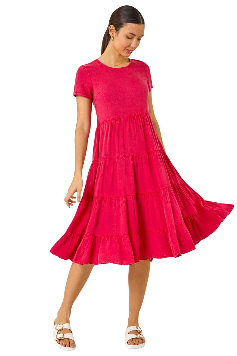 Roman Women's Pink Frill Tiered Smock Midi Dress Size 14