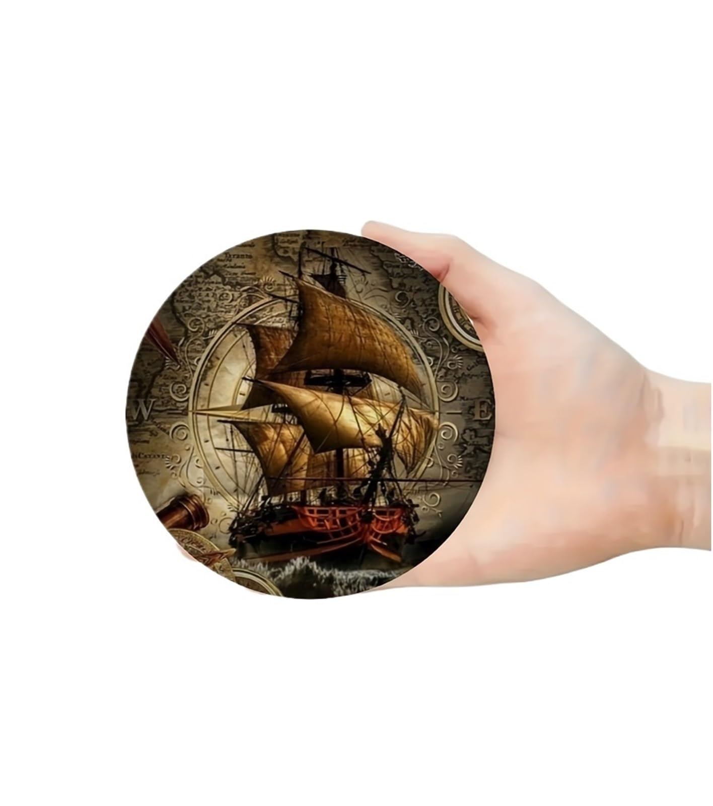 Wooden Round Coasters 6Pcs Retro Pirate Ship Wooden Coasters