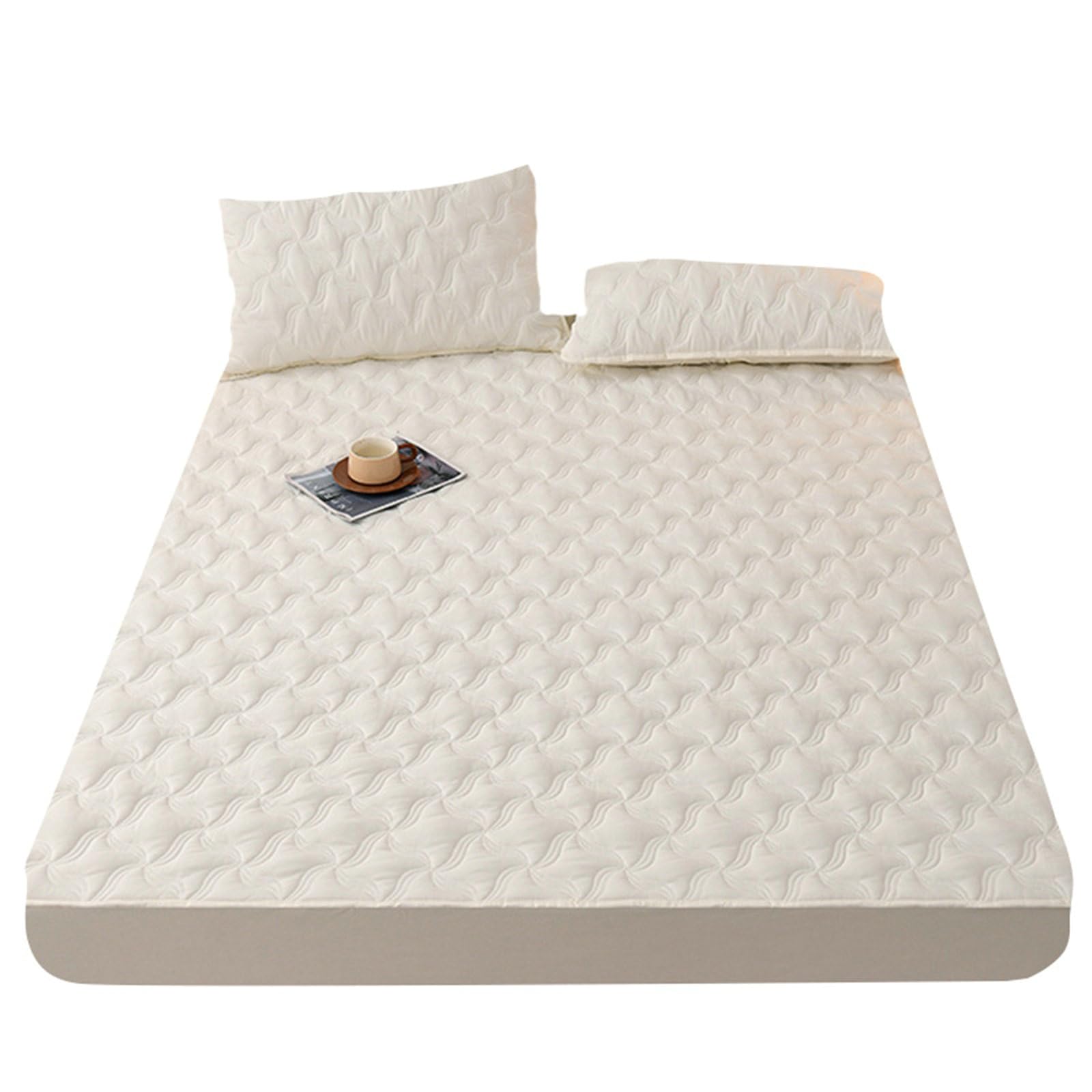 Lenzuolo con Angoli 180 200, Lenzuolo Con Angoli con 2 Federe in Cotone lavato Motivo geometrico Morbido e Lavabile in Lavatrice, Beige Bianco, 180 x 200cm + 30cm