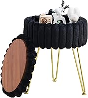 Wimarsbon Faux Fur Vanity Stool with Storage Ottoman, Round Makeup Chair Metal Legs for Bedroom Dressing Table - Black