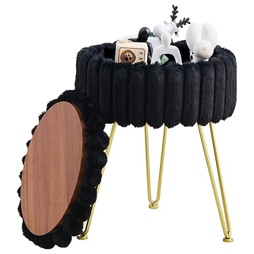 Wimarsbon Vanity Stool with Storage, Faux Fur Ottoman Chair with Metal Legs, Round Makeup Vanity Chair for Bedroom or Dressing Table, Modern Small Ottoman Seat (Black) - Black