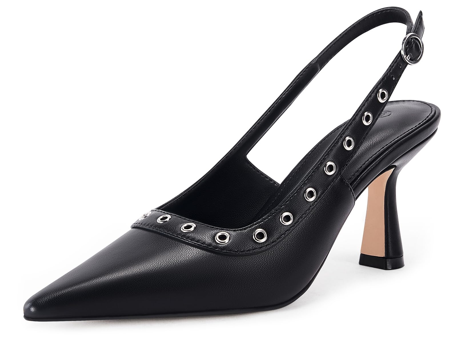 CoutgoWomens Slingback Kitten Heels Studded Closed Pointed Toe Slip On  Leather Pumps Work Dress Shoes