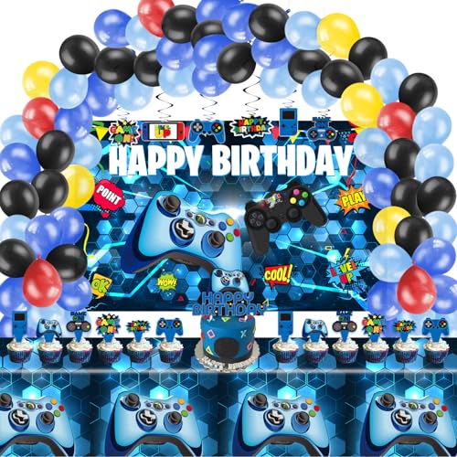 KimaruLZ Video Game Birthday Party Decorations - 109Pcs Gamer Gaming Party Supplies For Boys Birthday Party - Happy Backdrop, Table Cover, Hanging Swirls, Cupcake Cake Topper, Balloons