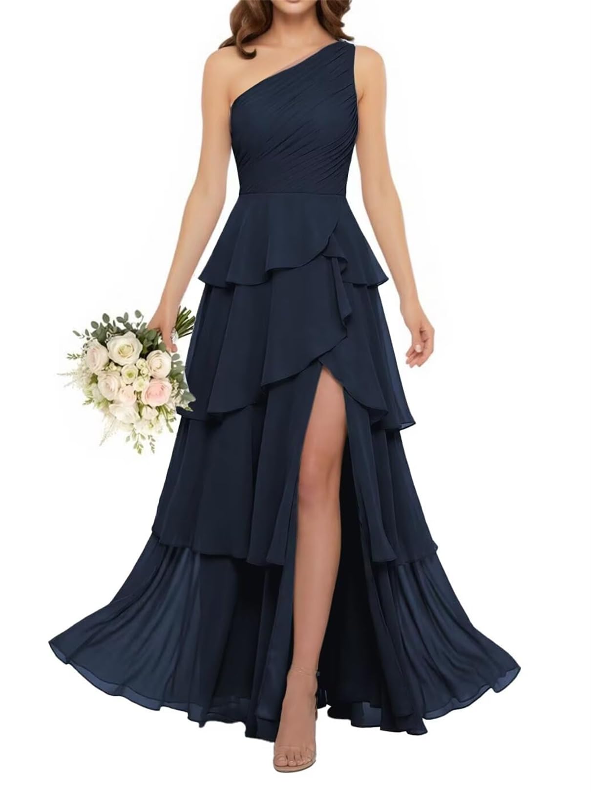 Robe de demoiselle d'honneur bleu marine en mousseline asymétrique taille 56 - 4