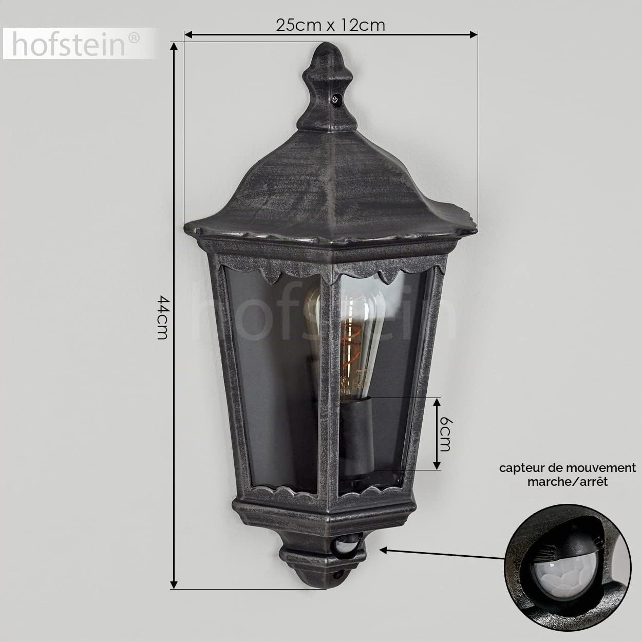 Applique d'extérieur Hongkong avec détecteur de mouvement, lampe murale à l'aspect antique, métal/verre en noir-argent/clair,applique rétro/vintage,douille E27, pour terrasse/cour/entrée,sans ampoules