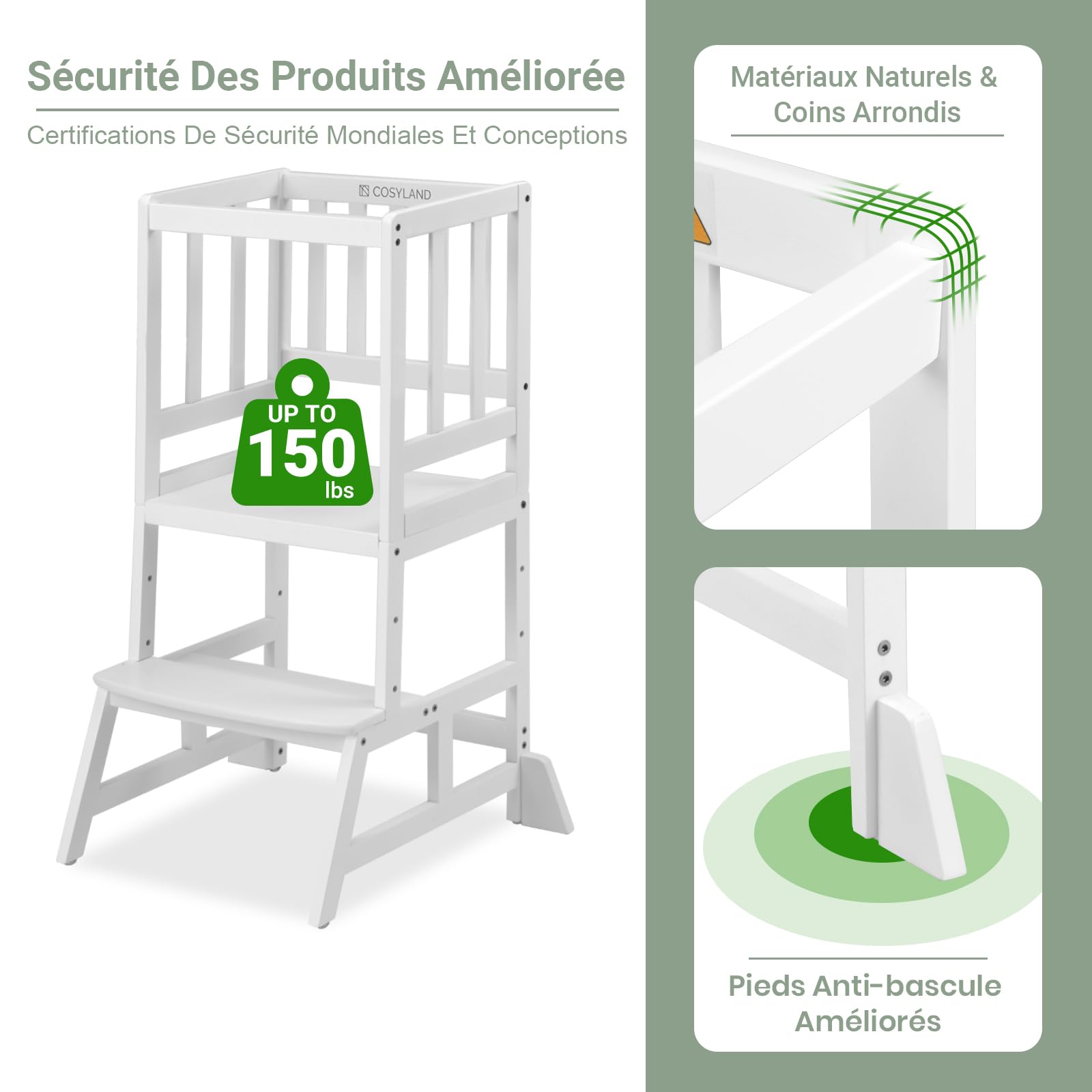 COSYLAND Tour d’Observation Montessori pour Enfant, Hauteur Réglable, Bambou Naturel, Chaise d’Apprentissage Bébé 18 Mois - Classic White