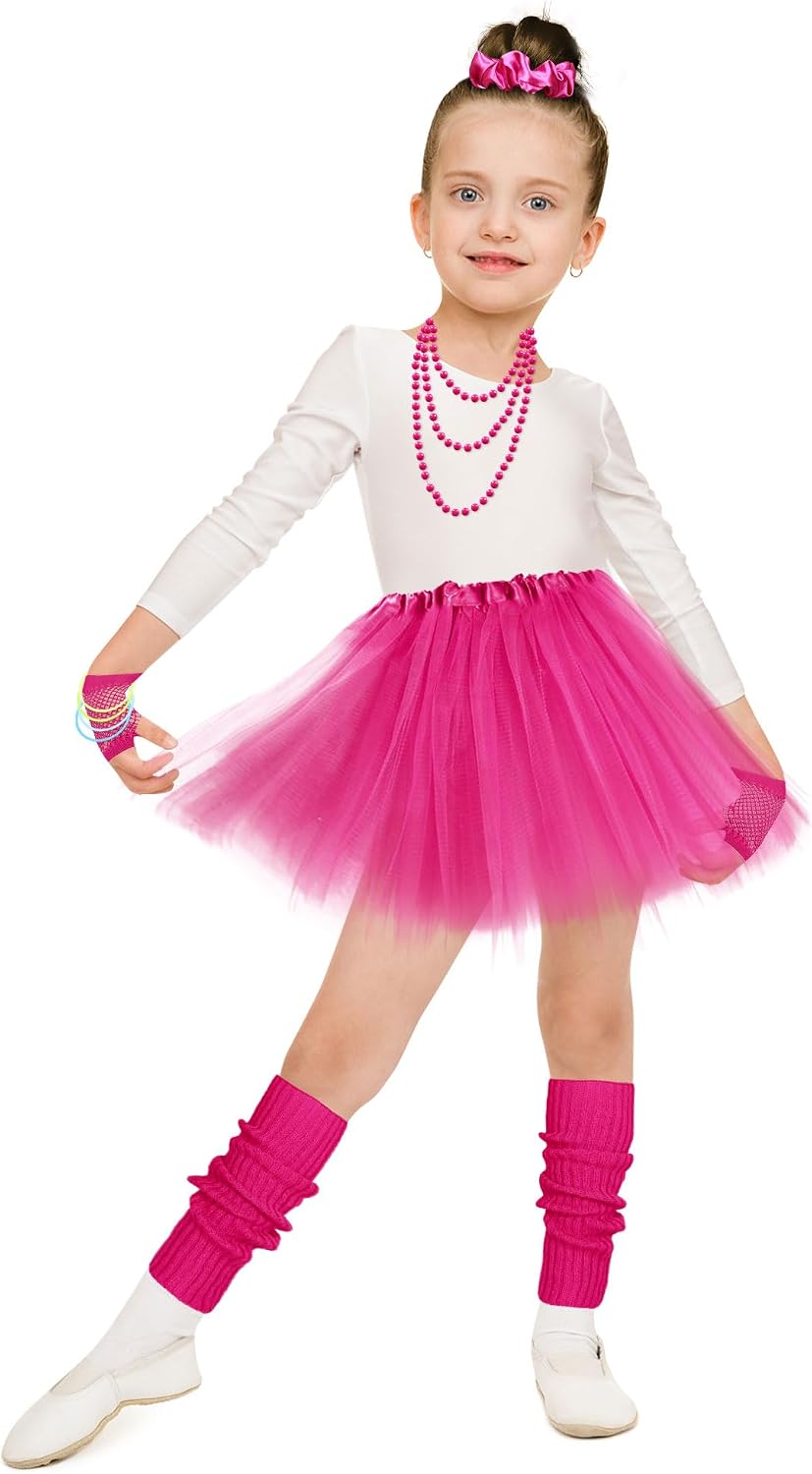 CICOCI 80s Costume Accessories Kids 80s outfits Set TUTU Skirt For Girls 80's Jelly Bracelets Leg Warmers Set