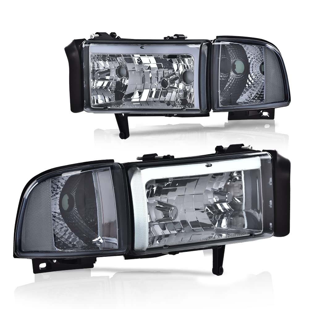 GRAND ORANGE Led Drl Headlights Assembly, Compatible with Dodge Ram 1500 2500 3500 1994 1995 1996 1997 1998 1999 2000 2001 2002 Black Housing Clear Corner（Smoky lens Chrome Housing Clear Reflector）