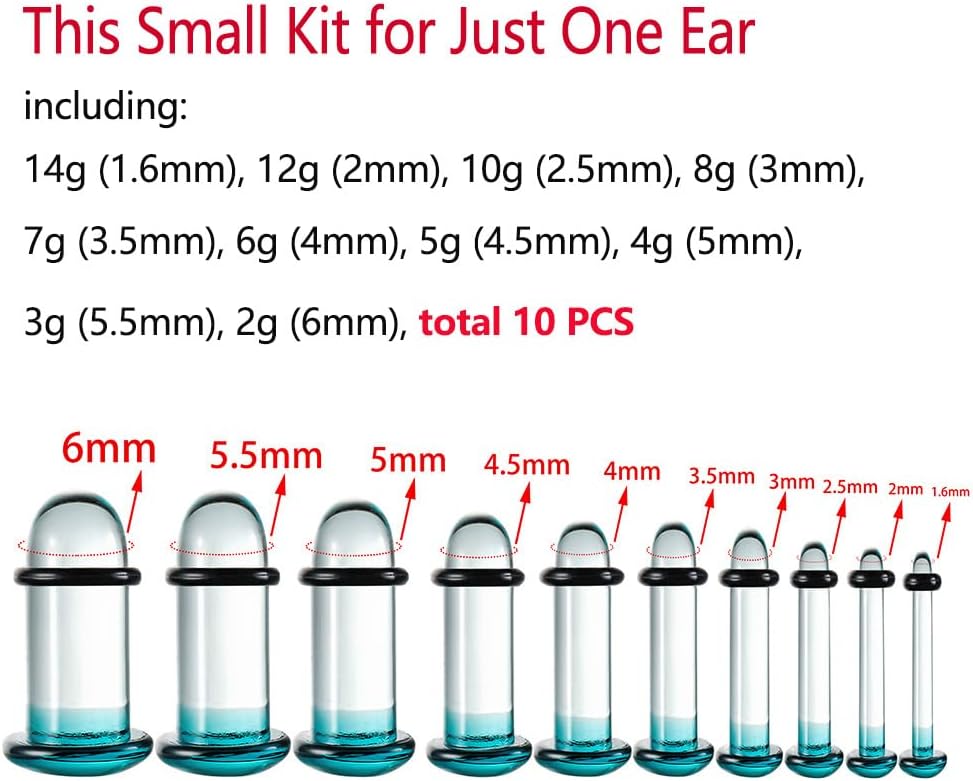 Casvort Unique 0.5mm Increments 14G-00g Comfy Pain-free Single Flare Glass Dead Stretching Plugs, Hypoallergenic Body Piercing Tapers, Pierced Ear Lobe Stretching Kits. image 2