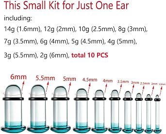 Casvortのユニークな0.5mm刻み14G-00g。痛みのないシングルフレアガラスデッドストレッチプラグ、低刺激性のボディピアステーパー、ピアス耳たぶストレッチキット。