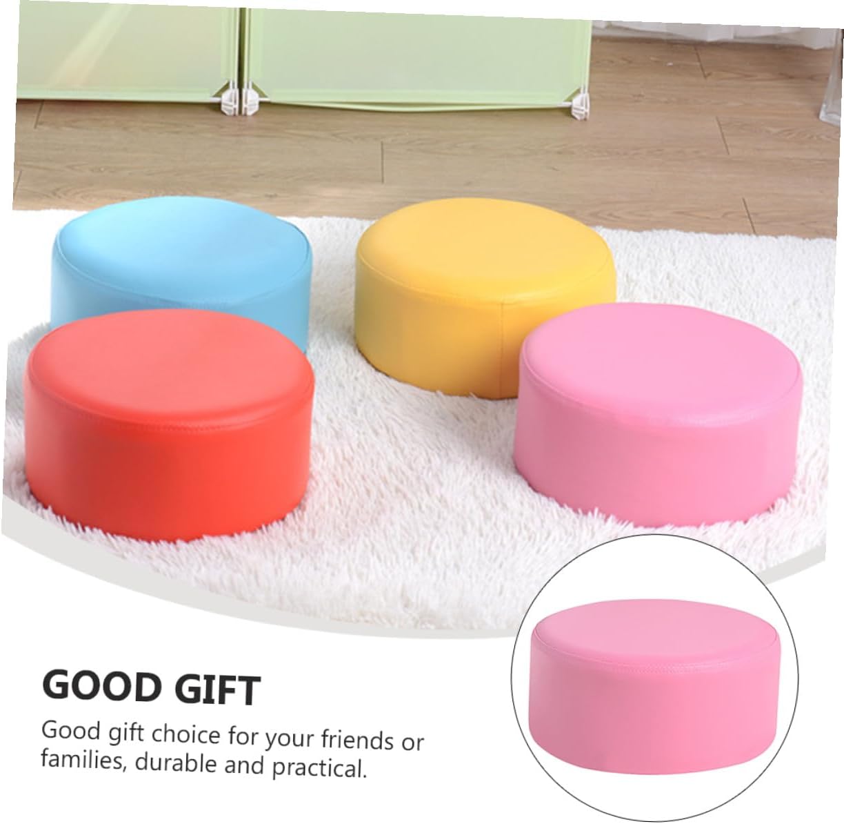 Pink Pu Leather Round Stool 28x28x13cm Lightweight Non-Slip Footstool Step Seat for Bathroom and Playroom
