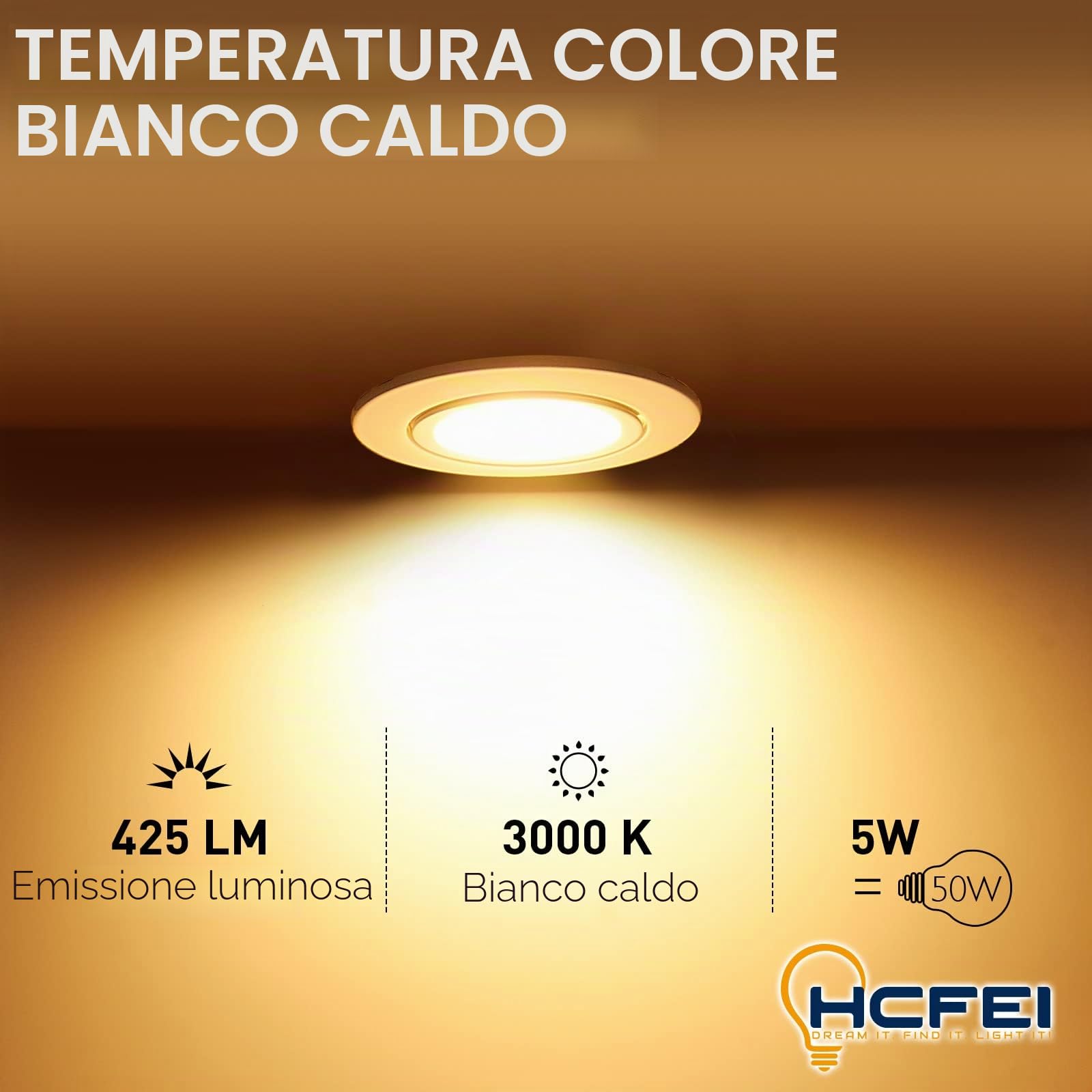 HCFEI 10x Faretti LED da Incasso Bianco per cartongesso, Orientabile con Porti Luce Bianco Caldo 5W Pari a 50W 3000K Dimmerabile Angolo a Fascio 120 Gradi AC 230V