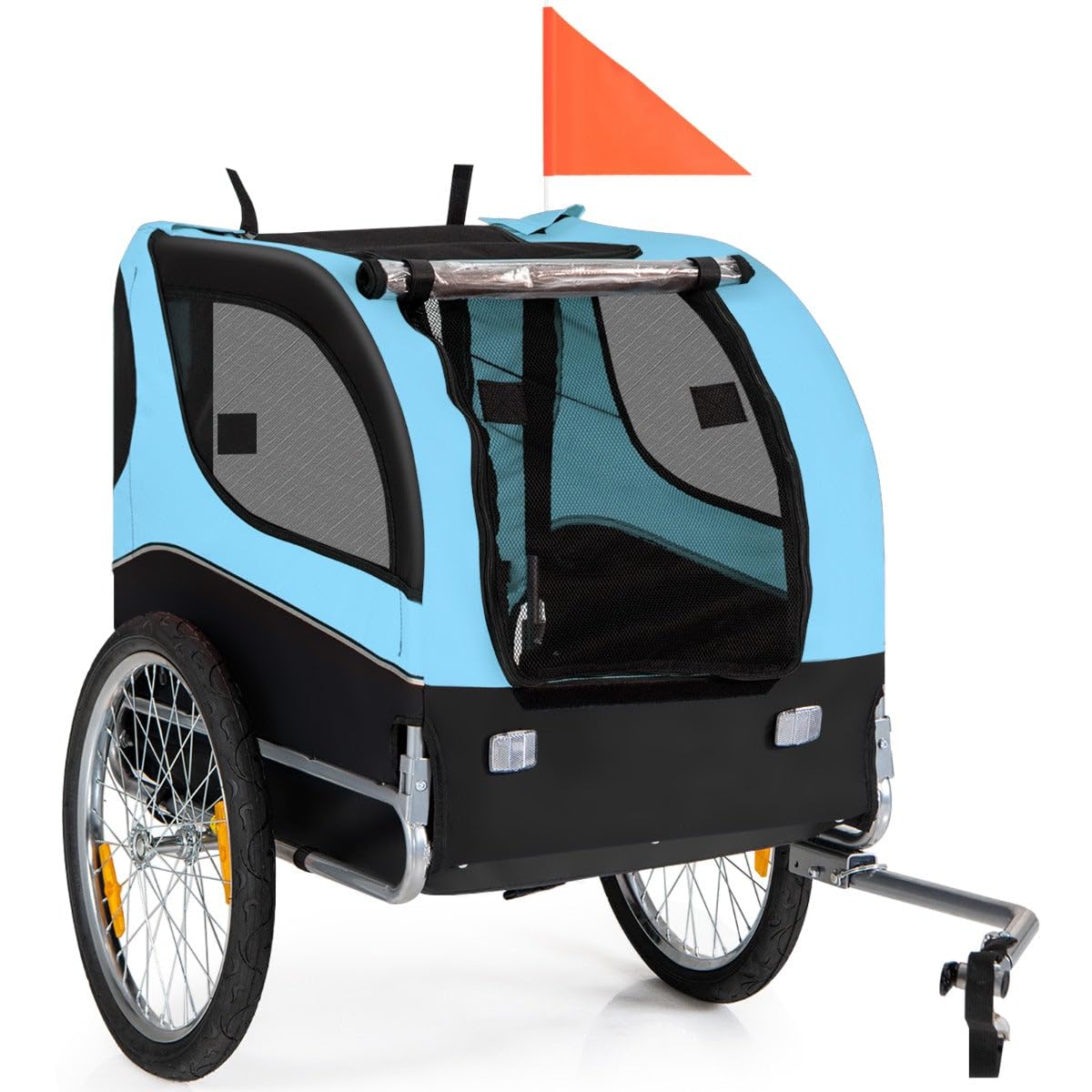 Rimorchio per bicicletta per animali domestici pieghevole con tetto apribile, 135 x 60,5 x 95 cm, comfort e sicurezza in tessuto Oxford blu 20_0018491